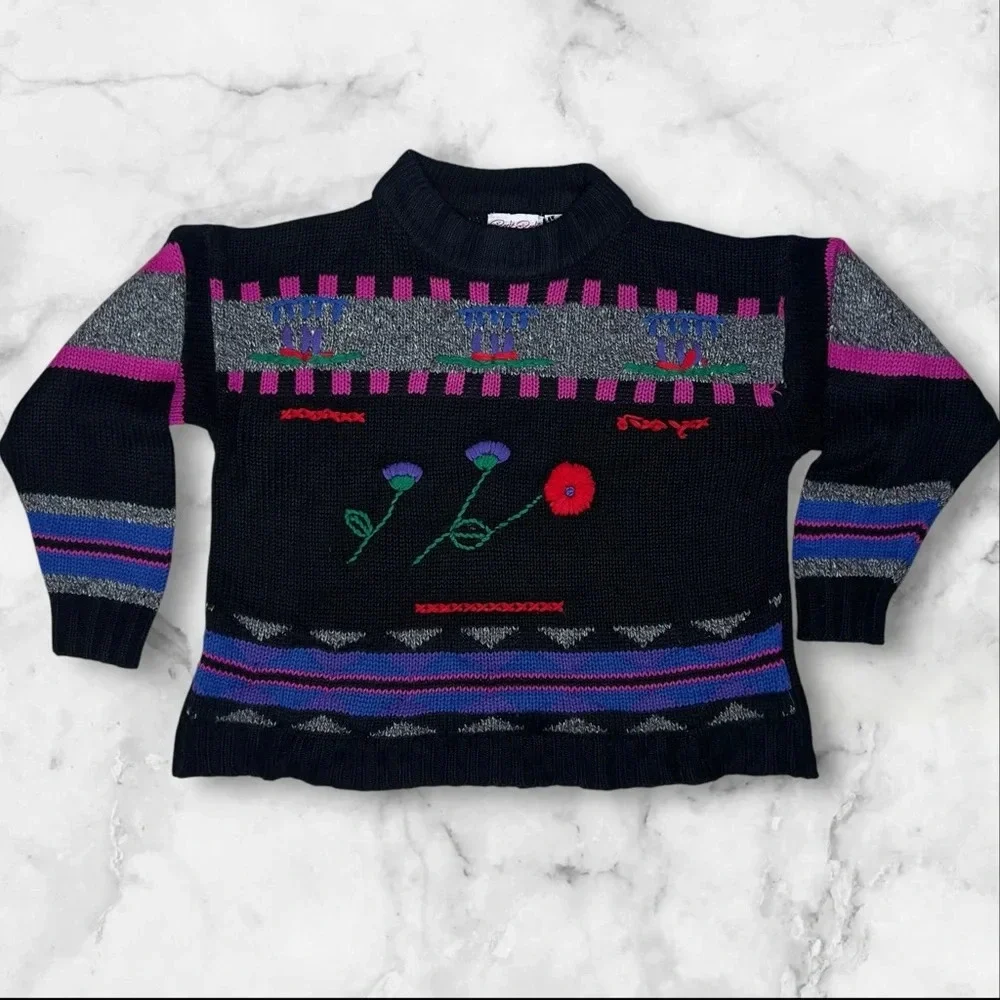 Vintage 80s Whimsigoth Floral Knit Sweater Mock Neck Artsy Grunge Pullover